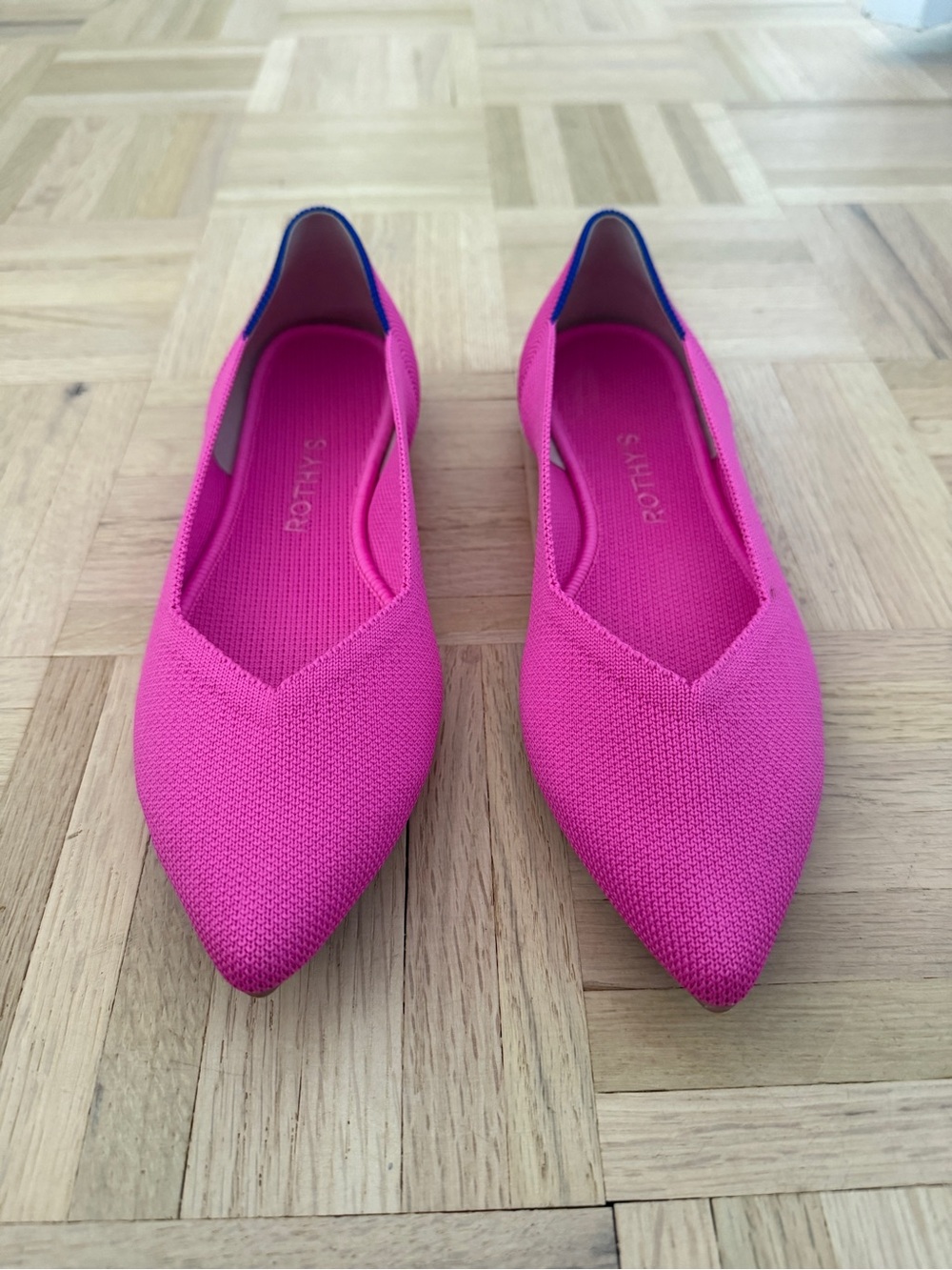 Rothy's Pointed Toe Flats in Hot Pink with Blue Heel Tab - Picture 4 of 5